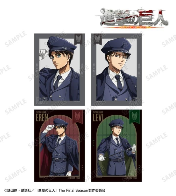 進撃の巨人の描き下ろし エレン&リヴァイ 看守ver. ブロマイド4枚セットの公式商品見本。