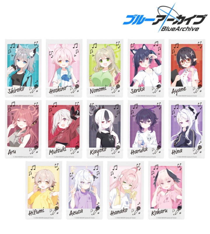 ブルーアーカイブのトレーディングチェキプリントver.A全14柄の公式集合見本。シロコ、ホシノなどのフォトカード。