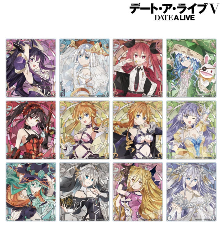 デート・ア・ライブV Aure Glass：アクリルカードは全12柄、単品748円・厚み1mmの公式見本。