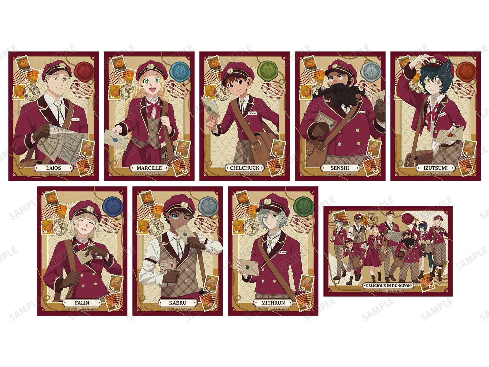 ダンジョン飯の会場購入特典ブロマイド全9柄。個別8人と集合1柄。