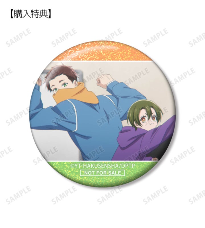 アニメ場面写のミケ＆ヒューの予約特典缶バッジ。非売品見本。
