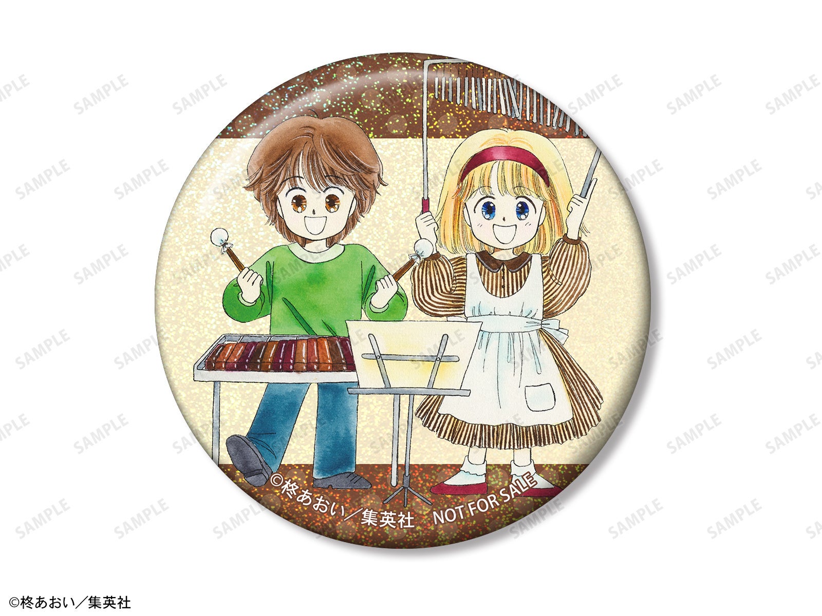 星の瞳のシルエットのカラーイラストAホログラム缶バッジ、会場限定BOX購入特典。木琴とギターを演奏する2人。