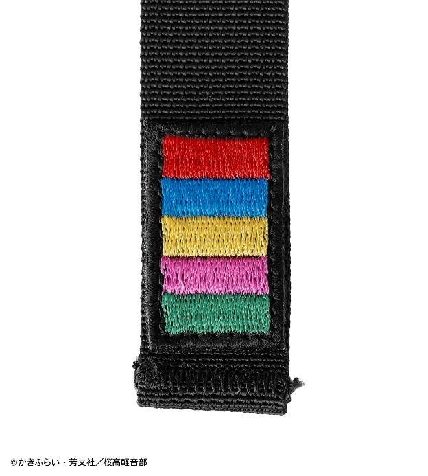 バッグ下部ストラップの赤・青・黄・ピンク・緑の5色刺繍の接写。