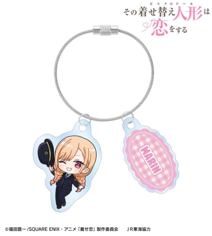 海夢ちびキャラ駅員ver.2連キーホルダー。人物とMARIN名札を1本のワイヤーでつなぐ。