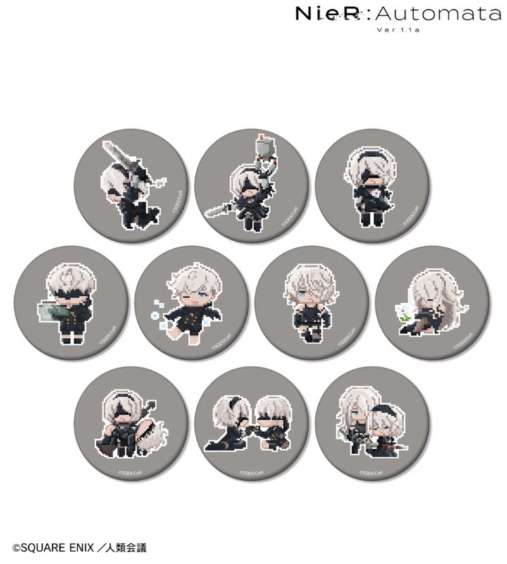 アニメ NieR:Automata Ver1.1a：マット缶バッジは56mm、単品550円の公式商品見本。