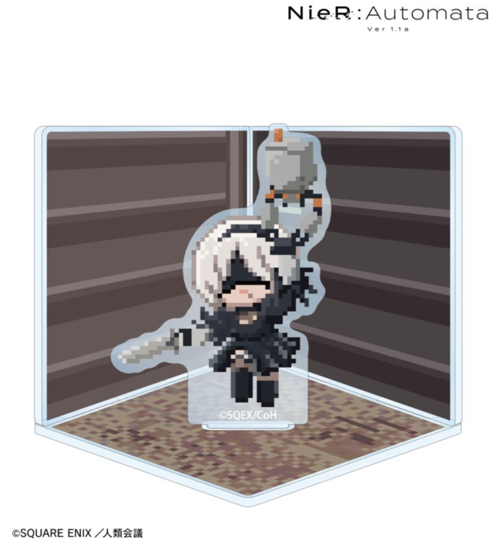 アニメ NieR:Automata Ver1.1a：キューブ型ジオラマは2B 2,178円、組立前寸法に注意の公式商品見本。