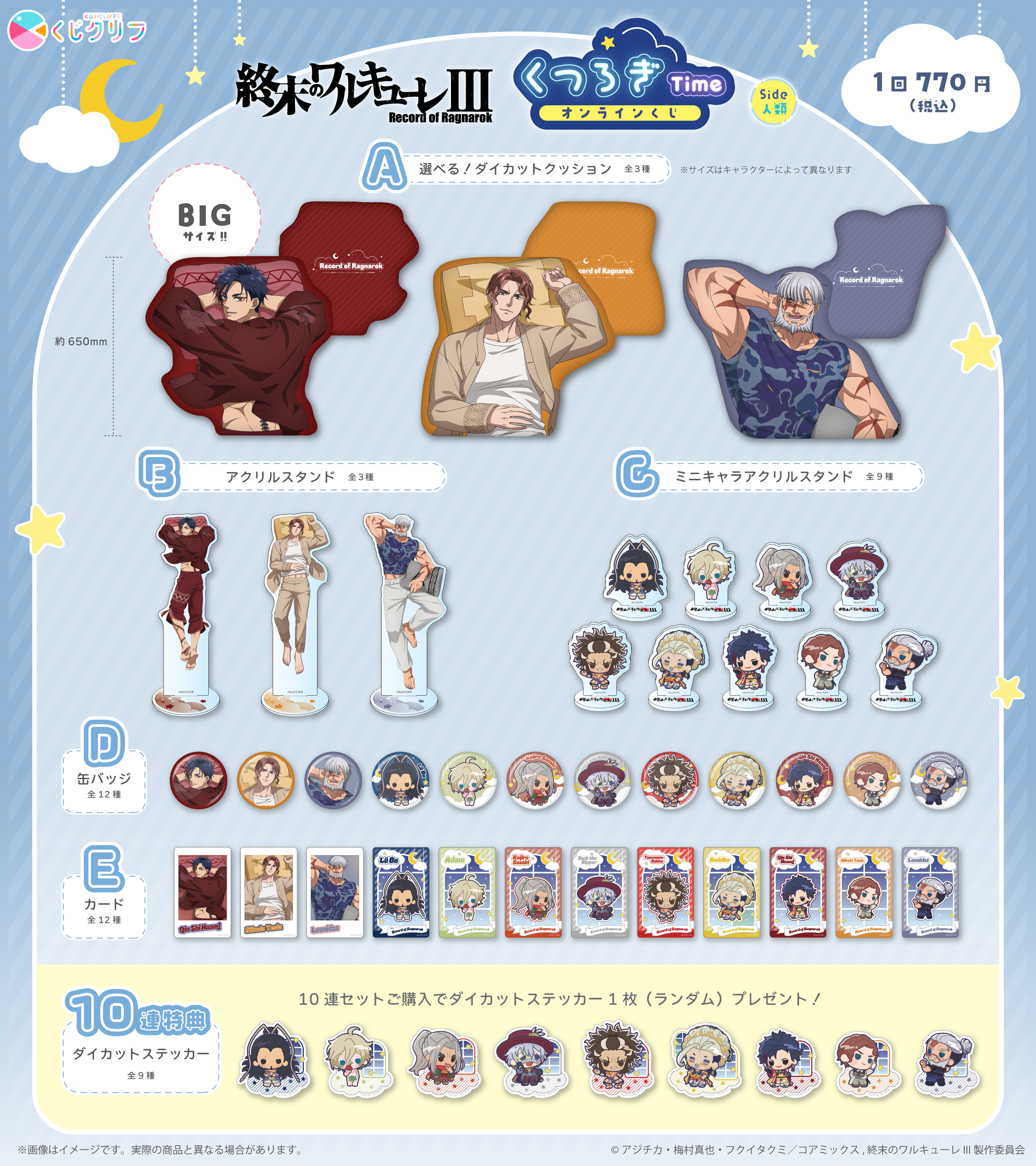くじクリフSide 人類の賞品一覧。始皇帝、ニコラ・テスラ、レオニダスのA賞からE賞と10回購入特典