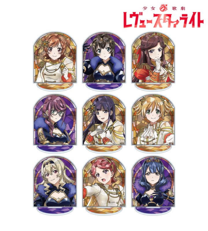 Aure Glass第2弾のアクリルスタンド9柄。アーチ形の枠と別台座。