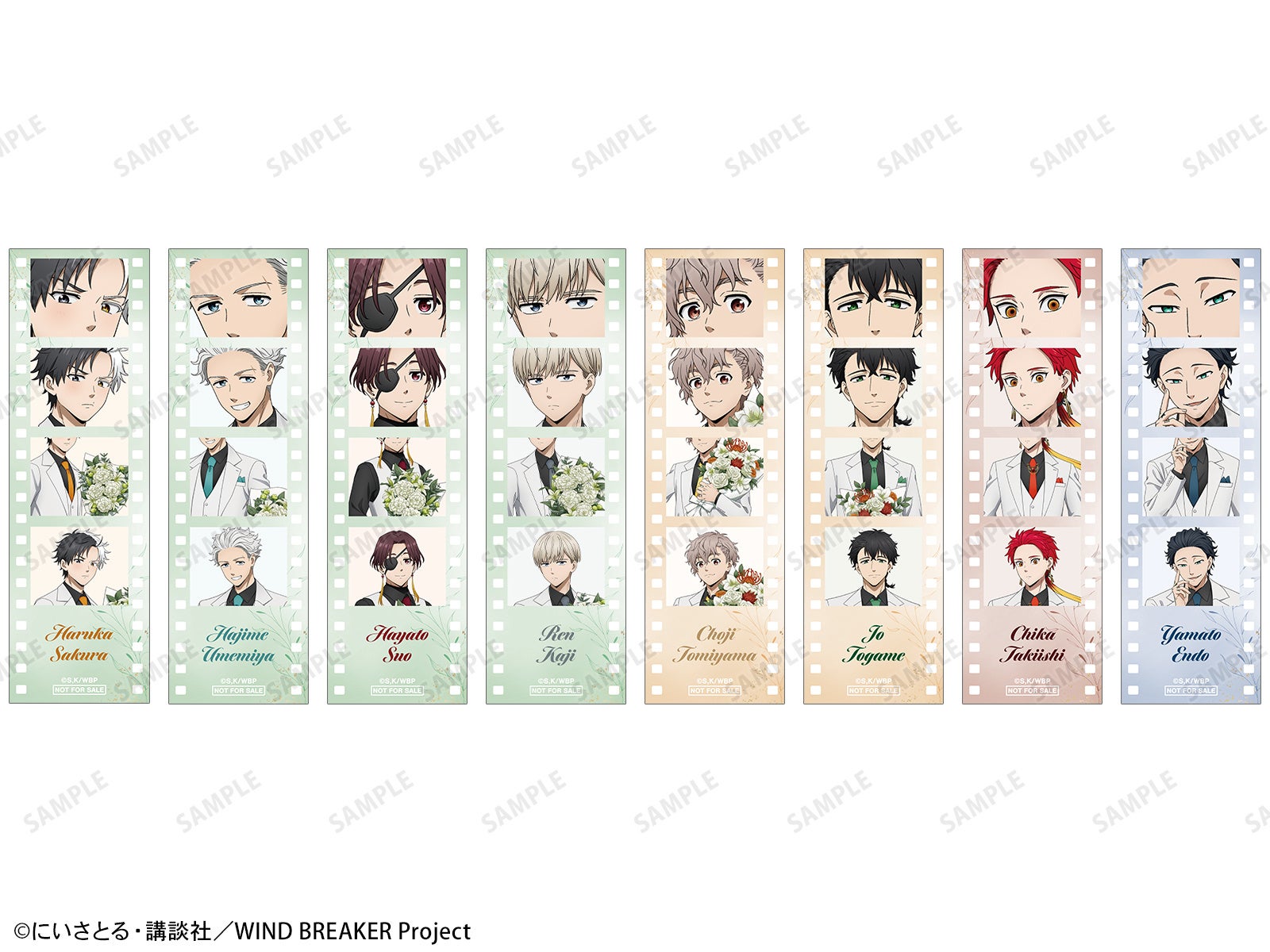 会場購入特典のフィルム風イラストカード全8種。SAMPLEとNOT FOR SALE表記入りの細長いカード。
